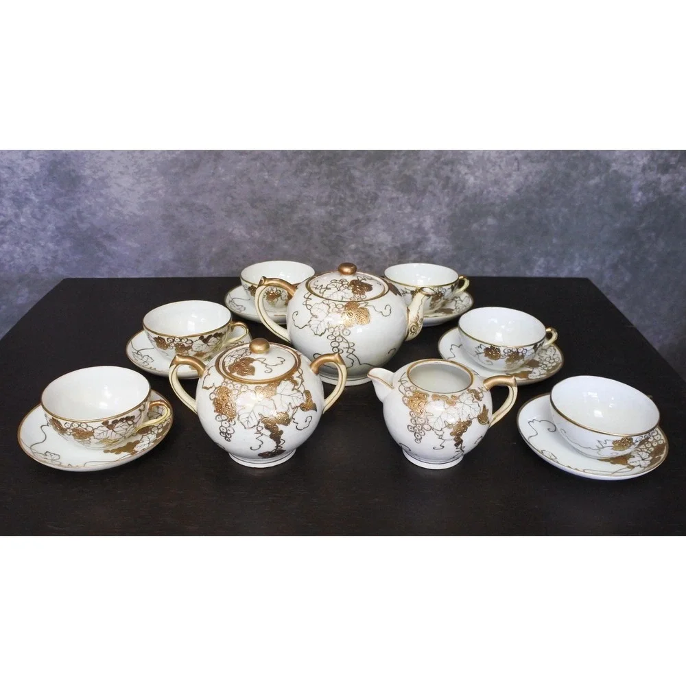 Antique Japanese T.S. Nippon Porcelain Gold Moriage Grape Leaf Tea Set